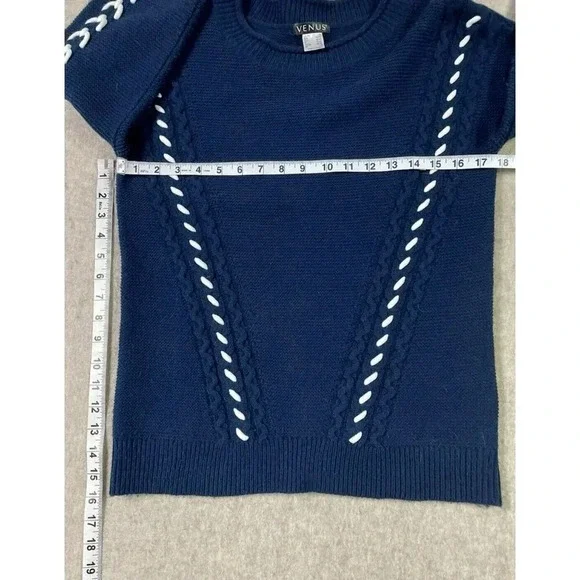 Venus Dark Navy Blue Sweater White Rope Detail Nautical Med. Knit, Comfy, Preppy - Picture 11 of 13